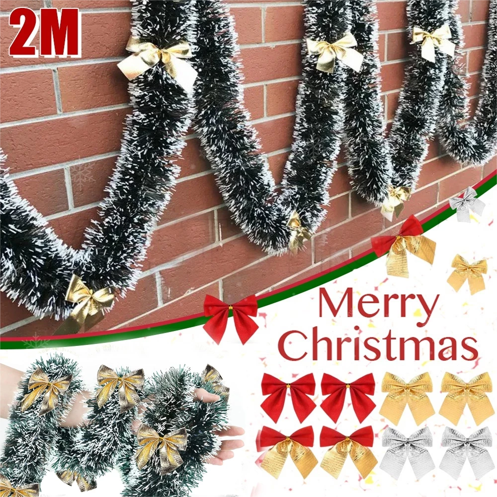 2M Christmas Garland Home Party Wall Door Decor Xmas Tree Ornaments Tinsel Strips with Bowknot Party