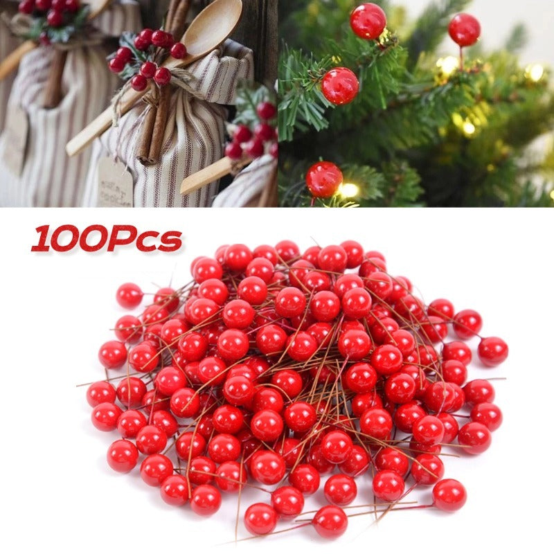 10pcs Artificial Flower Red Christmas Berry and Pine Cone with Holly Branches Christmas Decoration for Home Floral Decor