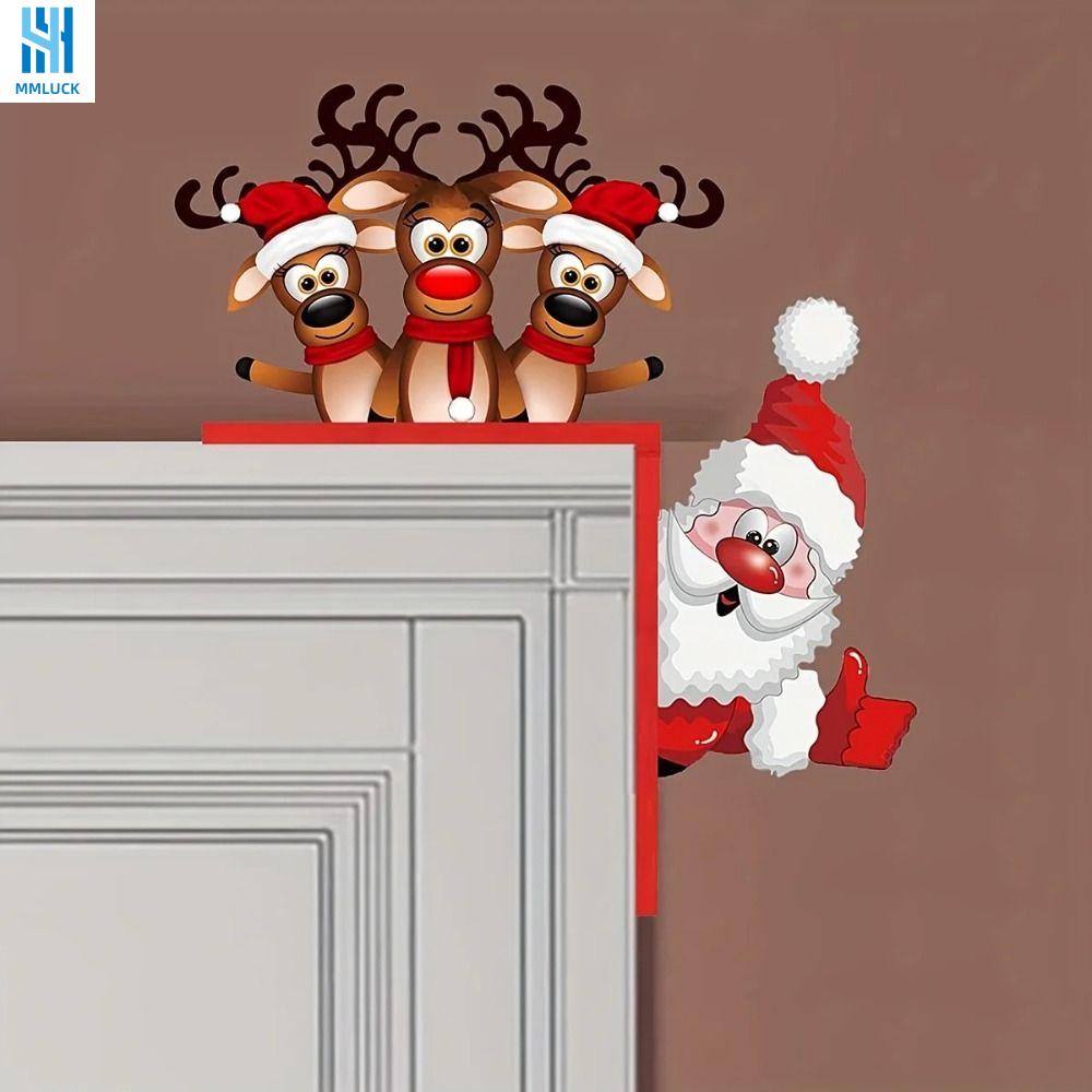 MMLUCK Wooden Christmas Door Corner Sign Santa Claus Cartoon Door Corner Holiday Door Decorations Reindeers Santa Claus Door Frame Indoor