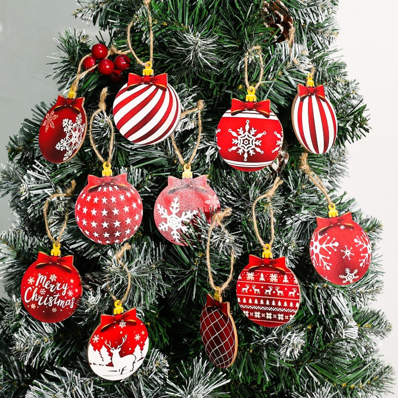 12/15PCS Christmas Wooden Pendants 2D Christmas Ball Xmas Tree Hanging Decor New Year Party Christmas Decoration Supplies