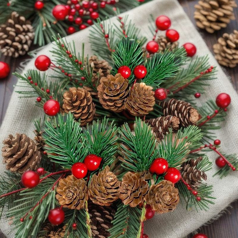 10pcs Artificial Flower Red Christmas Berry and Pine Cone with Holly Branches Christmas Decoration for Home Floral Decor