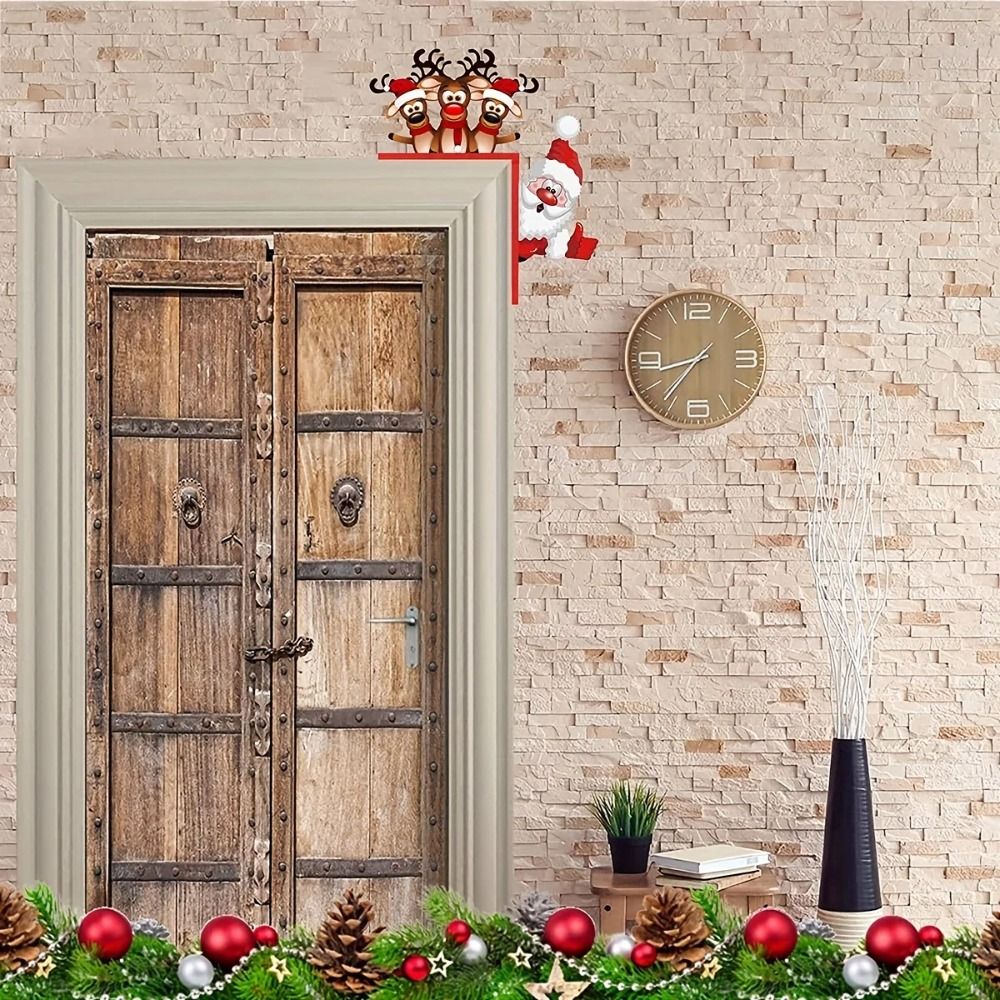 MMLUCK Wooden Christmas Door Corner Sign Santa Claus Cartoon Door Corner Holiday Door Decorations Reindeers Santa Claus Door Frame Indoor