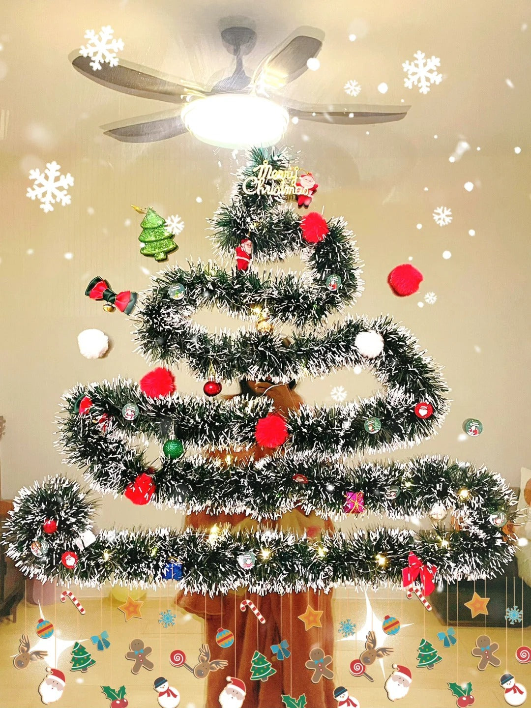 2M Christmas Garland Home Party Wall Door Decor Xmas Tree Ornaments Tinsel Strips with Bowknot Party