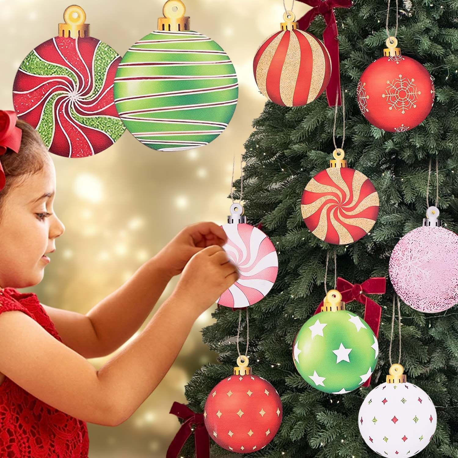 12/15PCS Christmas Wooden Pendants 2D Christmas Ball Xmas Tree Hanging Decor New Year Party Christmas Decoration Supplies