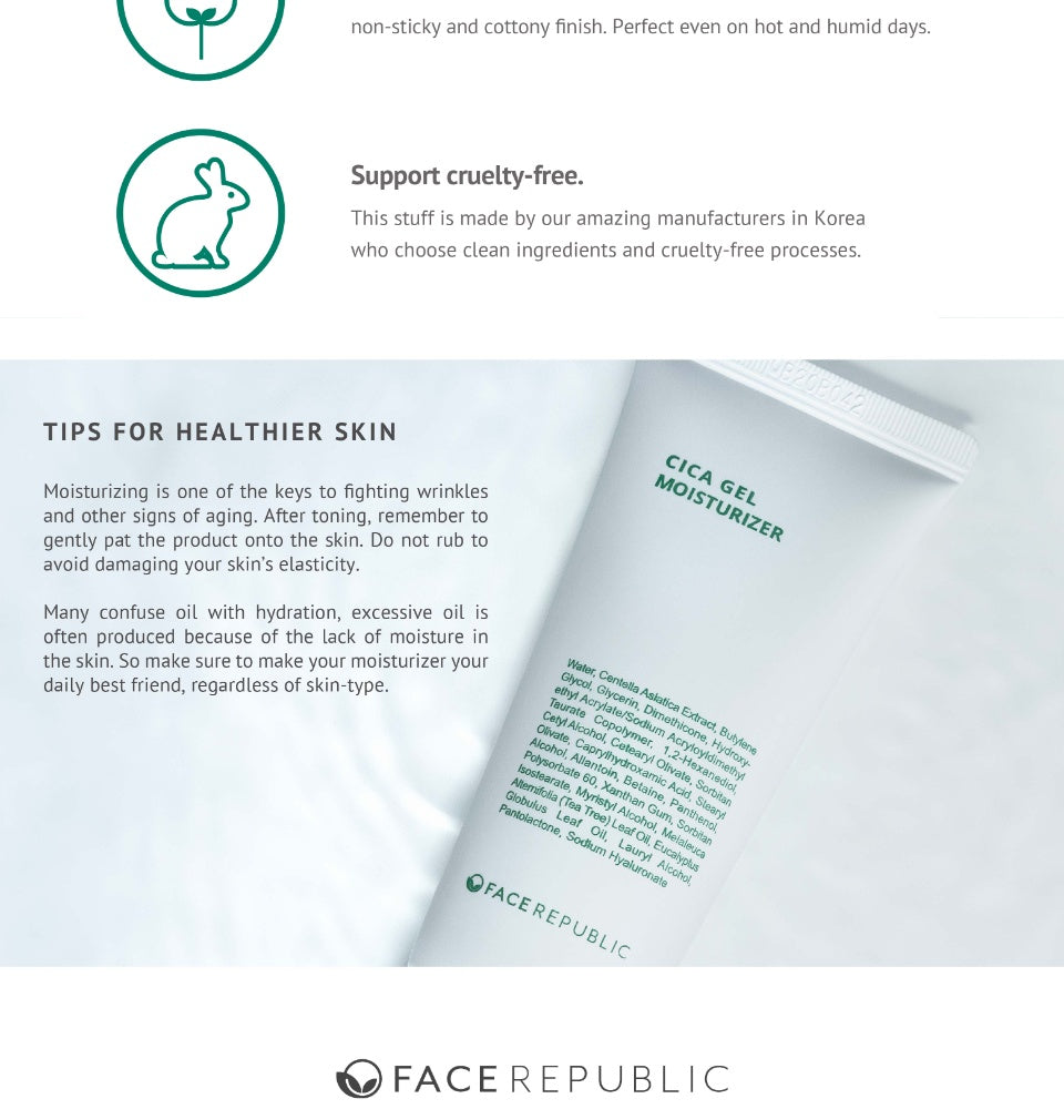 Face Republic CICA Gel Moisturizer 50mL [ Oily, Sensitive Skin, Acne / Tea Tree]  | Clean Kbeauty Skincare