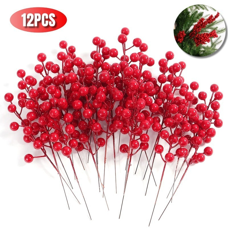 10pcs Artificial Flower Red Christmas Berry and Pine Cone with Holly Branches Christmas Decoration for Home Floral Decor