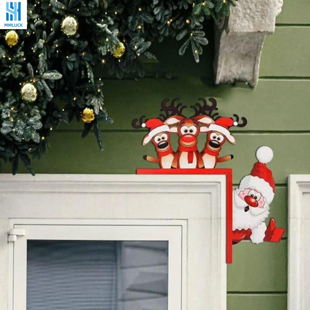 MMLUCK Wooden Christmas Door Corner Sign Santa Claus Cartoon Door Corner Holiday Door Decorations Reindeers Santa Claus Door Frame Indoor