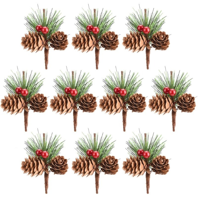 10pcs Artificial Flower Red Christmas Berry and Pine Cone with Holly Branches Christmas Decoration for Home Floral Decor