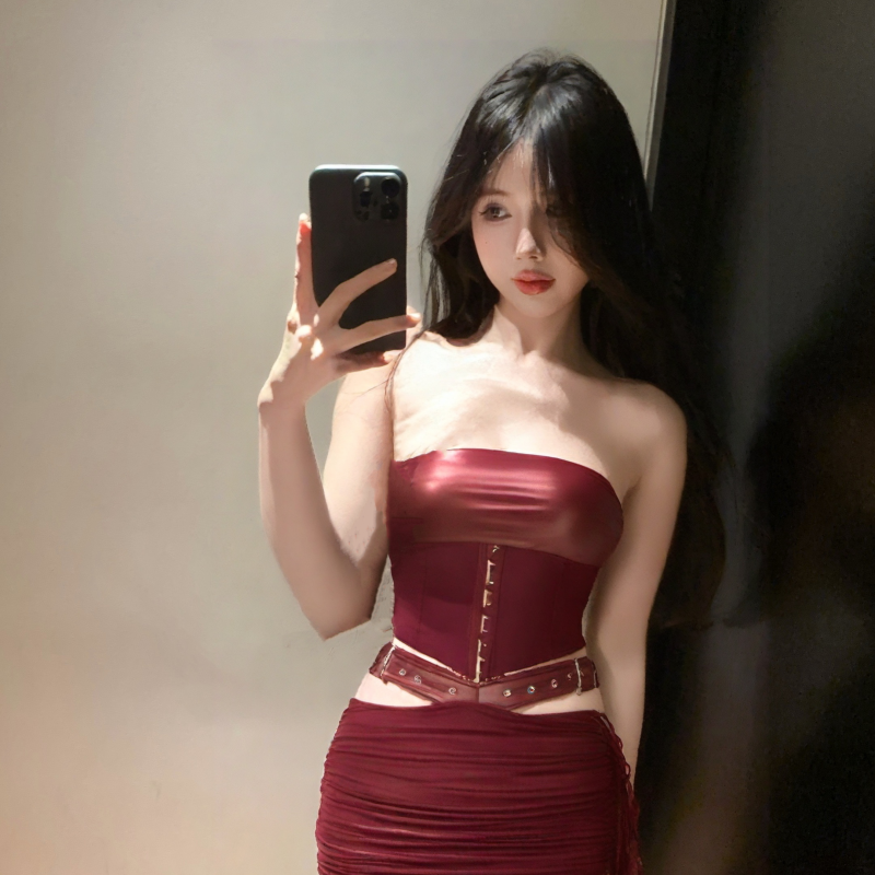 GUZILIAN | Summer New Gentle Korean Style Sexy Sister Waist Belted Bandage Top Hip Hanging Half Skirt Hot Girl Set Commute Korean Style