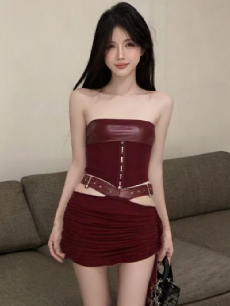 GUZILIAN | Summer New Gentle Korean Style Sexy Sister Waist Belted Bandage Top Hip Hanging Half Skirt Hot Girl Set Commute Korean Style