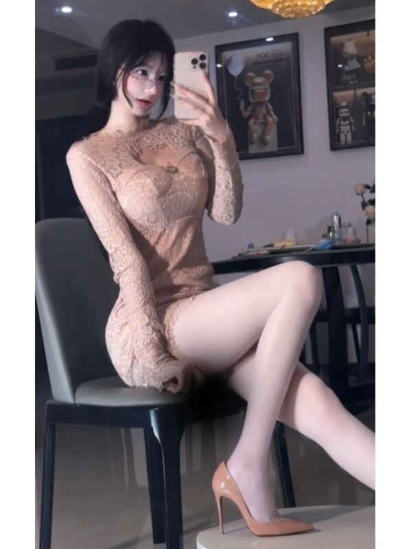 CHANGTONG | Pure Desire Sexy Girl Lace Bodycon Summer Dress Trendy Hollow Out Design Mid Waist Long Sleeve Short H-Line Skirt For Women