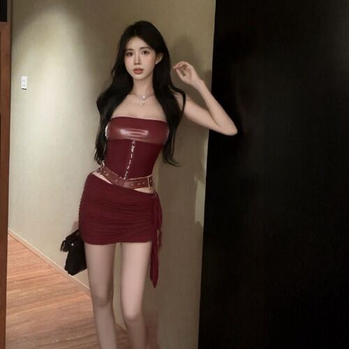 GUZILIAN | Summer New Gentle Korean Style Sexy Sister Waist Belted Bandage Top Hip Hanging Half Skirt Hot Girl Set Commute Korean Style
