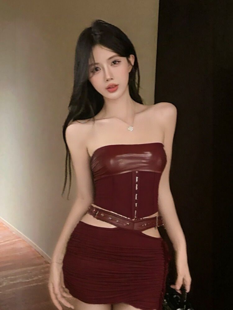 GUZILIAN | Summer New Gentle Korean Style Sexy Sister Waist Belted Bandage Top Hip Hanging Half Skirt Hot Girl Set Commute Korean Style