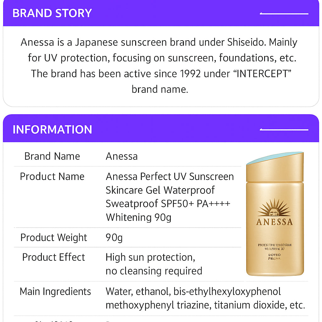 Anessa Gold Bottle Sunscreen Gel Waterproof Sweatproof 90g Facial Universal Protection SPF50+ PA++++ Whitening Sun Protection