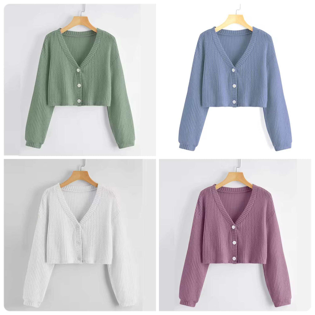 Cardigan semicrop oversized long sleeve waffle knitted