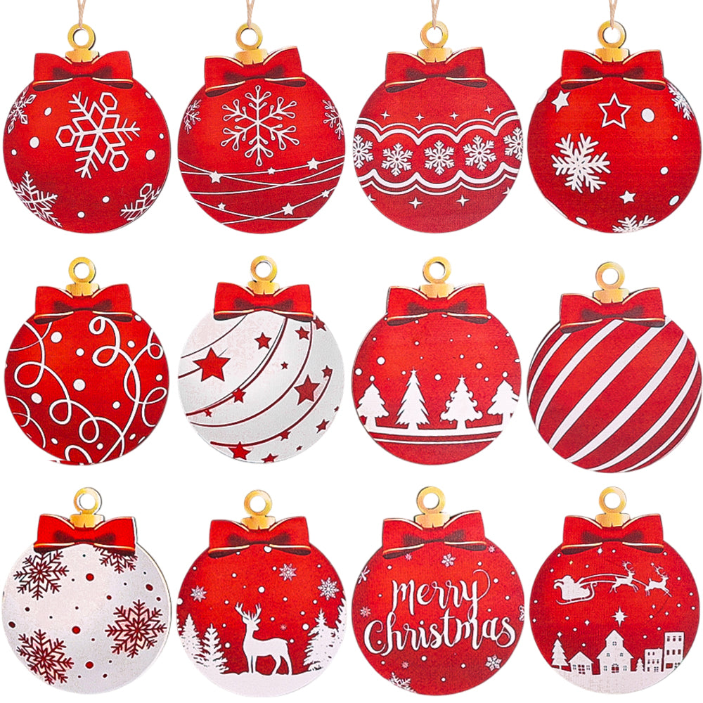 12/15PCS Christmas Wooden Pendants 2D Christmas Ball Xmas Tree Hanging Decor New Year Party Christmas Decoration Supplies