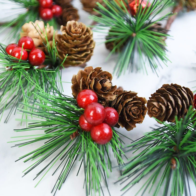 10pcs Artificial Flower Red Christmas Berry and Pine Cone with Holly Branches Christmas Decoration for Home Floral Decor
