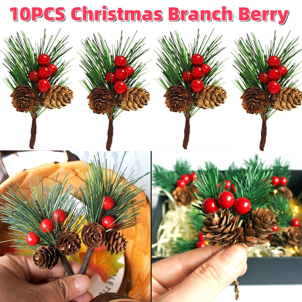 10pcs Artificial Flower Red Christmas Berry and Pine Cone with Holly Branches Christmas Decoration for Home Floral Decor