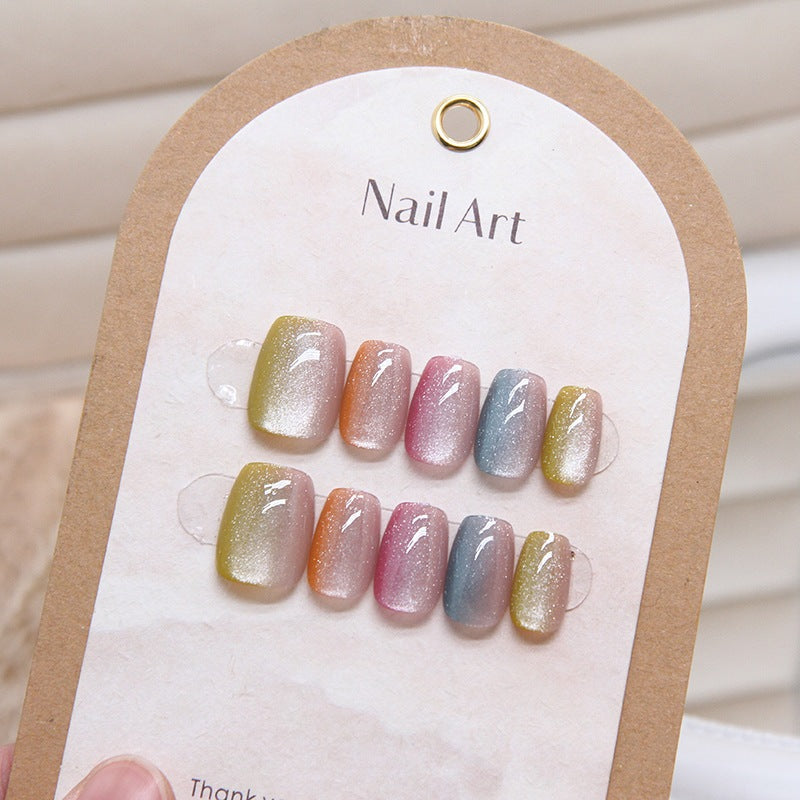 New 10PCS Cat Eye Crystal False Nail Shining Cat Eye Series Wearable False Tablets