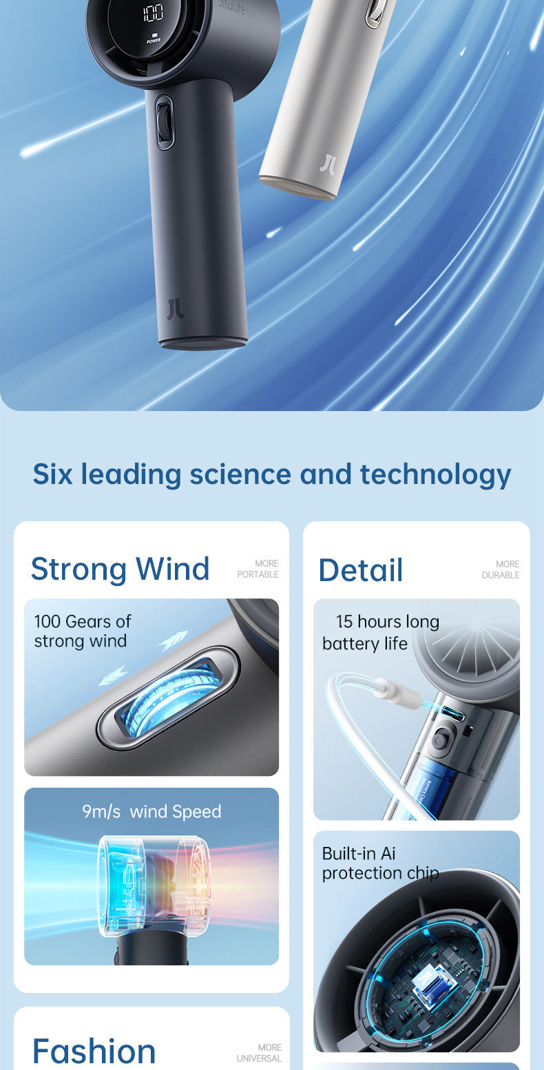 JISULIFE Handheld Fan Pro1/Pro1S Mini Fan Rechargeable Jet Fan Strong Wind 100 Gear Wind Speed Metal Body Digital Display Adjustable Turbo Fan For Commuting Outdoor Sports