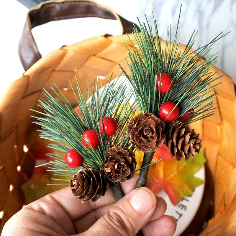 10pcs Artificial Flower Red Christmas Berry and Pine Cone with Holly Branches Christmas Decoration for Home Floral Decor
