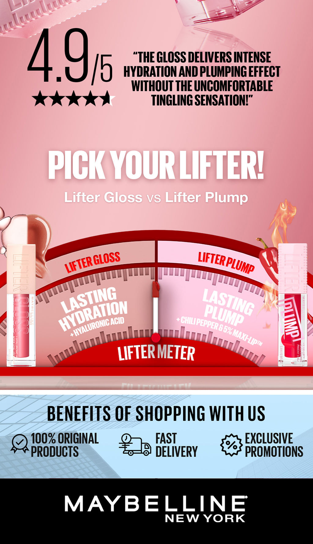 Maybelline Lifter Plump - Lip Plumping Gloss with Chili Pepper, +30% Plumper Lips, Lasting Plump