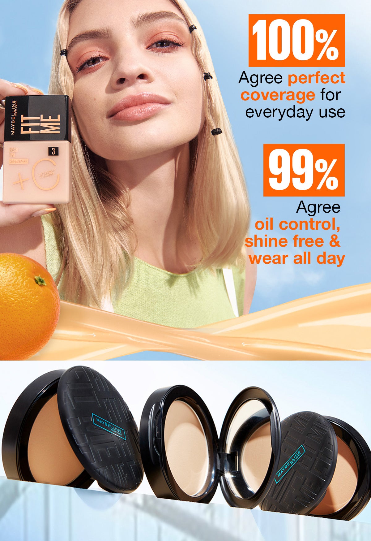 Maybelline Fresh Filter Set Make up- Fit Me Fresh Tint with Vitamin C 06, Fit Me Compact Powder 128