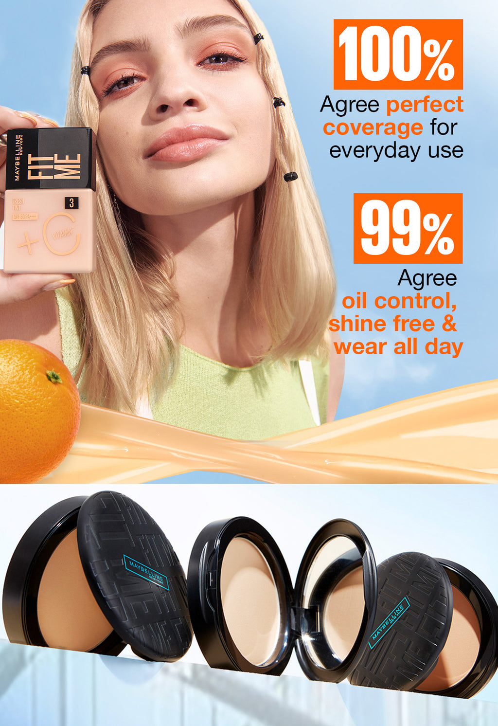 Maybelline Fresh Filter Set Make up- Fit Me Fresh Tint with Vitamin C 06, Fit Me Compact Powder 128