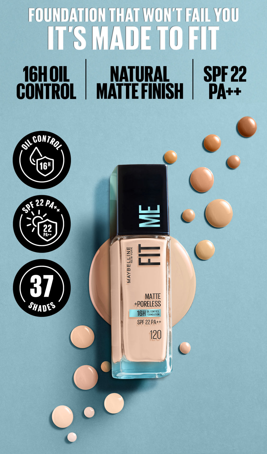 Maybelline Fit Me Foundation 16HR Long-Lasting, Oil Control, Natural Coverage, Matte, SPF22 PA+++