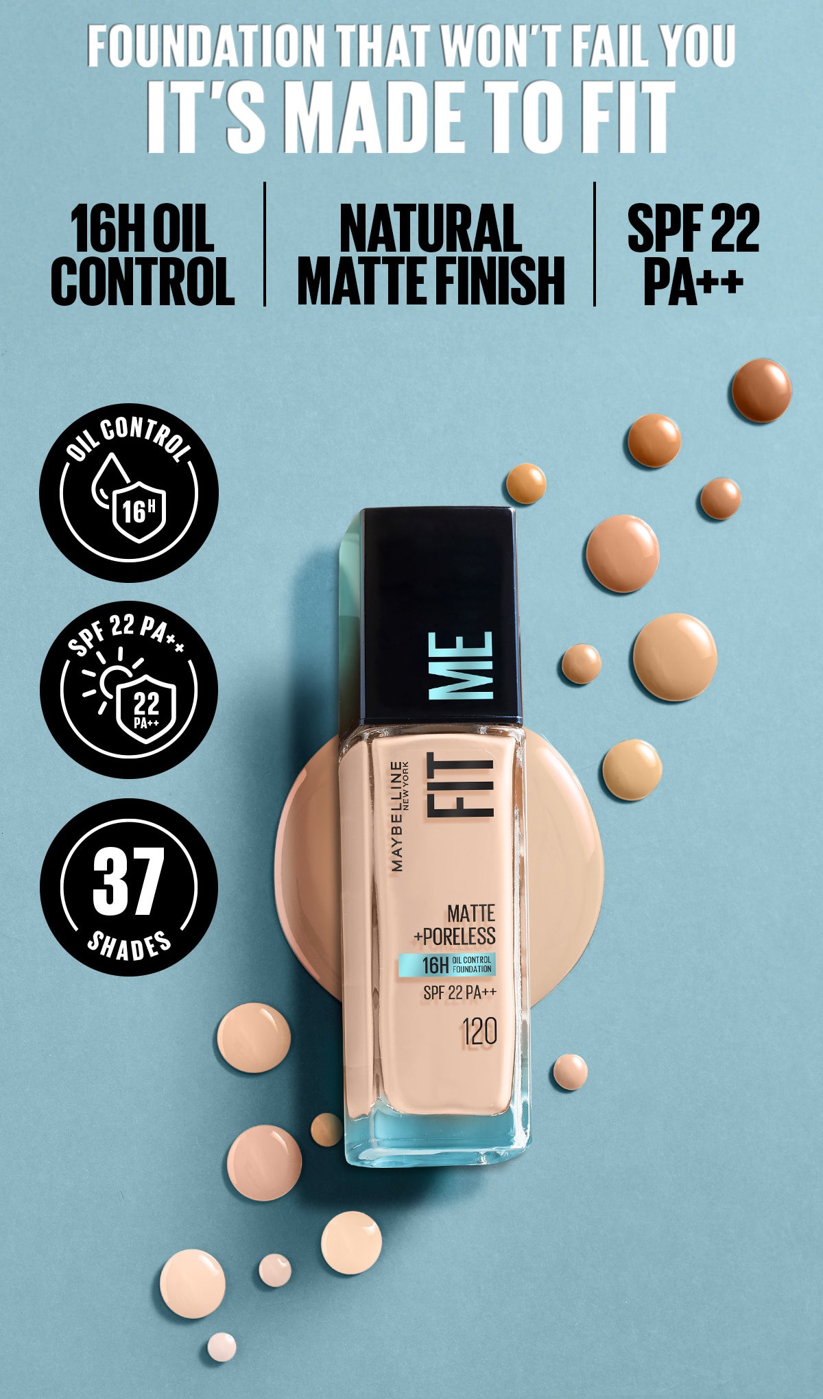 Maybelline Fit Me Foundation 16HR Long-Lasting, Oil Control, Natural Coverage, Matte, SPF22 PA+++