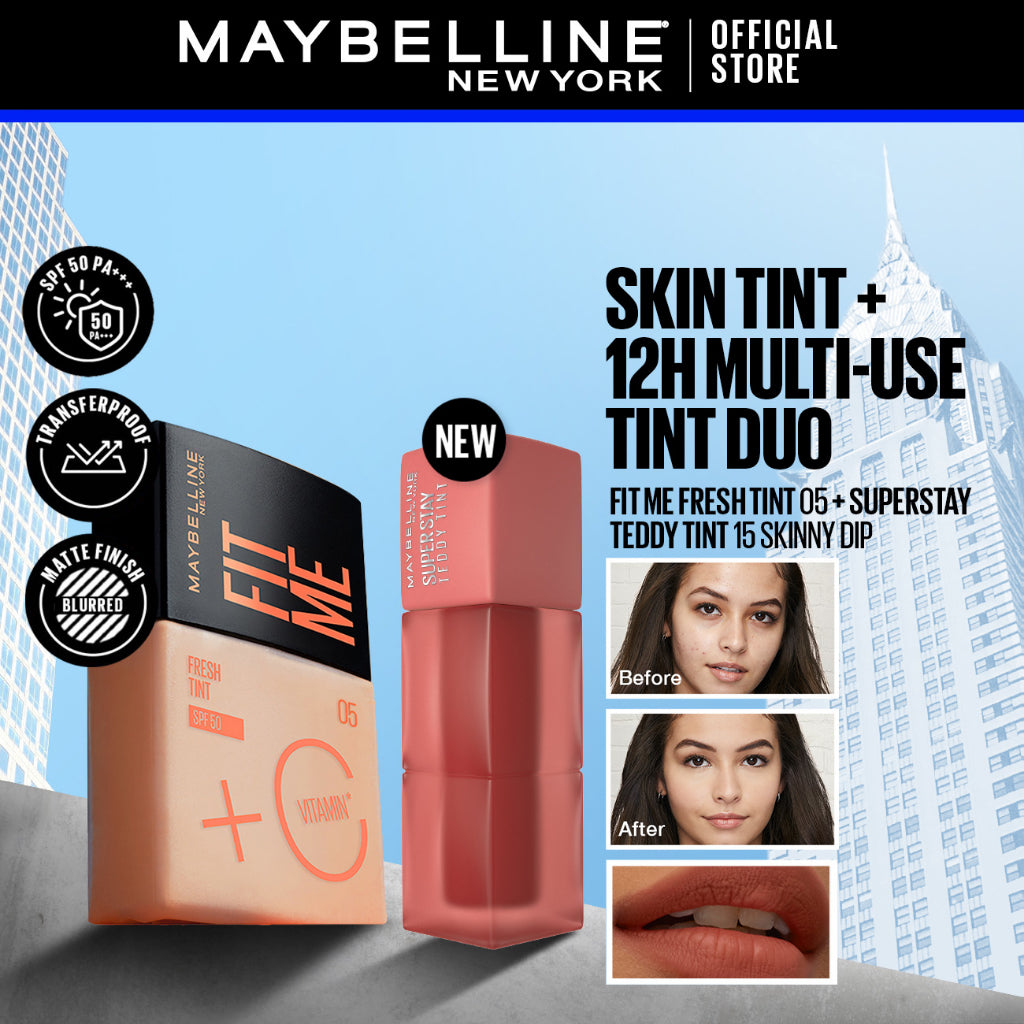 Maybelline Fit Me Fresh 3-in-1 Tint 05 + Superstay Teddy Tint Skin Tint Skinny Dip