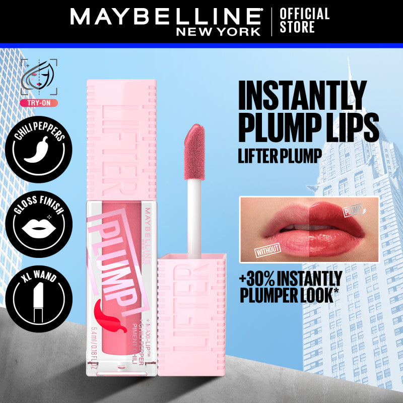 Maybelline Lifter Plump - Lip Plumping Gloss with Chili Pepper, +30% Plumper Lips, Lasting Plump