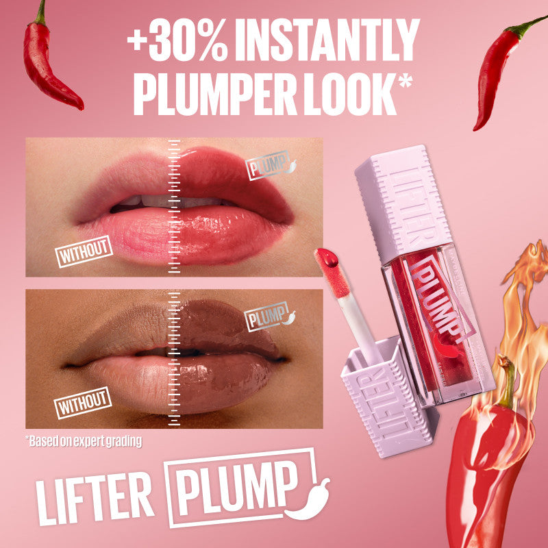 Maybelline Lifter Plump - Lip Plumping Gloss with Chili Pepper, +30% Plumper Lips, Lasting Plump